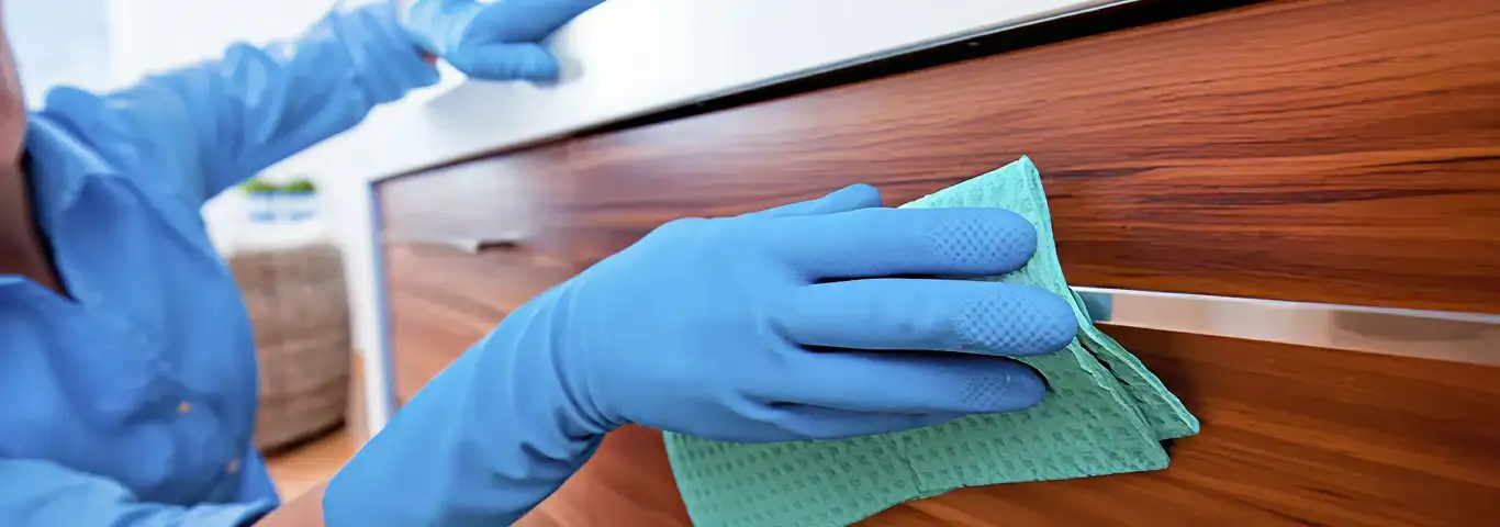 Cleaner wearing blue gloves wiping a wooden cabinet drawer with a microfiber cloth for dust and grime removal, San Antonio, TX.