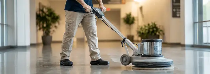 Professional technician using an industrial floor buffer to polish and maintain shiny commercial flooring in a corporate hallway in San Antonio, TX.