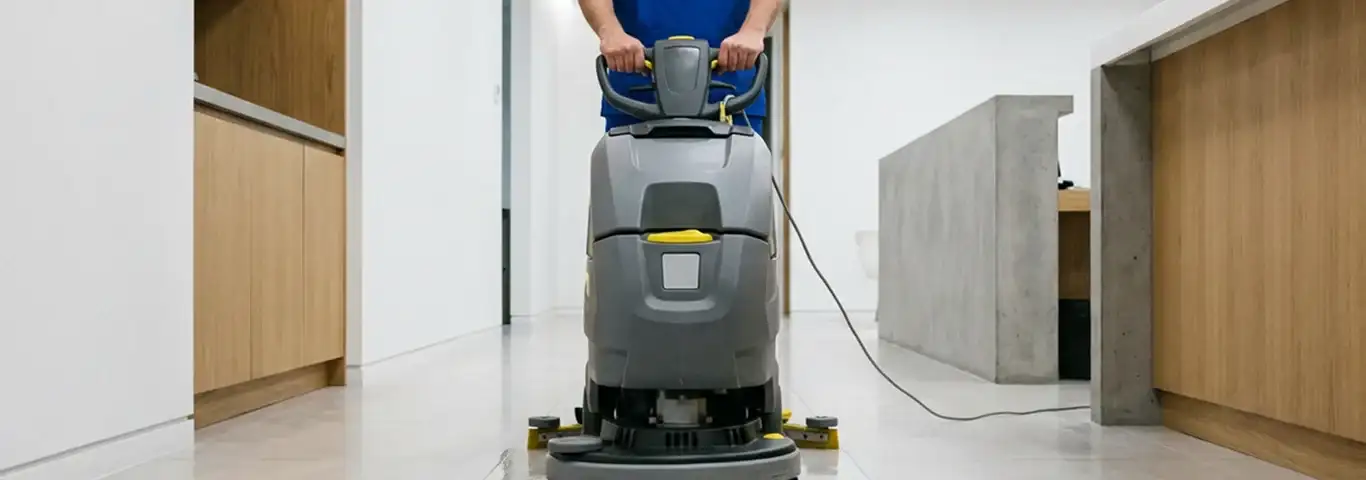 Janitorial staff using a floor scrubber machine to clean a commercial hallway, San Antonio, TX.