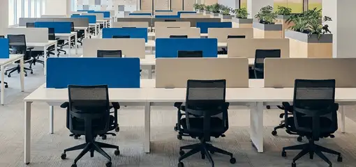 Modern open-plan office space featuring clean workstations, ergonomic chairs, and sanitized carpets provided by professional office cleaning services in San Antonio, TX.
