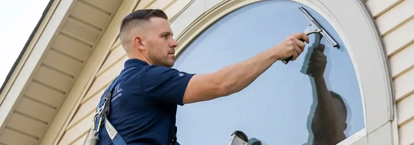 Professional window cleaner using a squeegee to clean an exterior arched window on a home, San Antonio, TX.