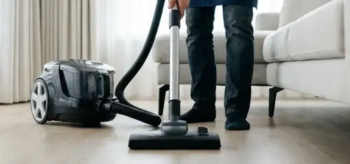 Professional house cleaner vacuuming a living room floor with a canister vacuum cleaner, San Antonio, TX.