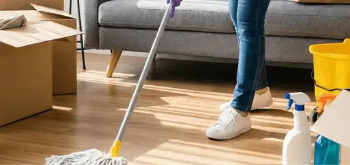 Move-out cleaning setup with a cleaner mopping hardwood floors near moving boxes and cleaning supplies, San Antonio, TX.