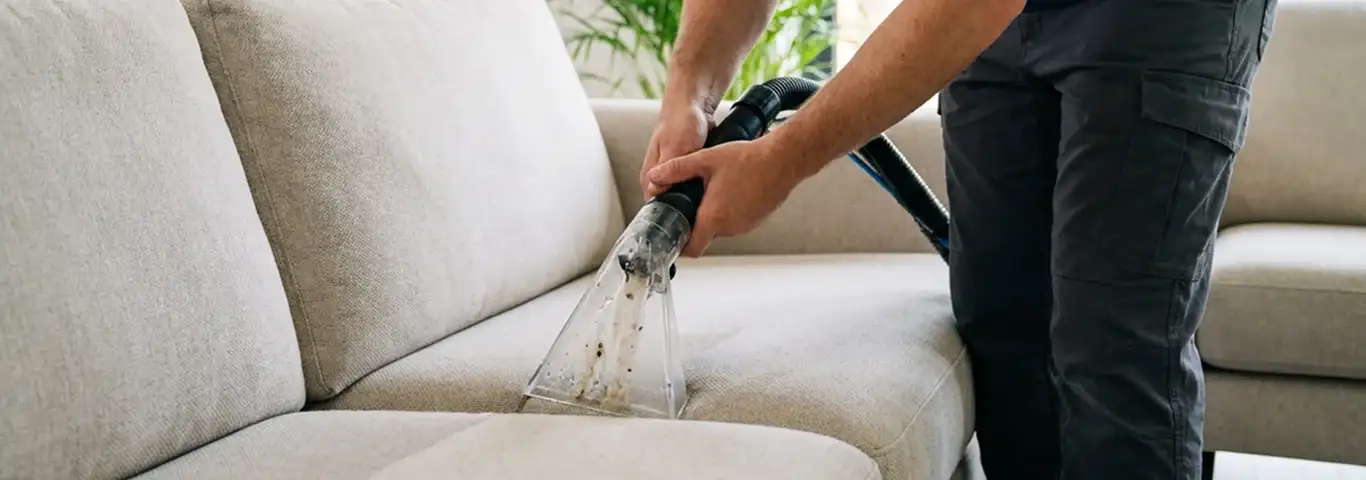 Technician extracting dirt and moisture from a fabric sofa with an upholstery cleaning wand, San Antonio, TX.