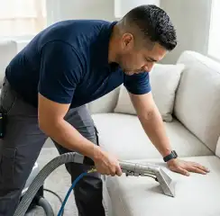 Professional upholstery cleaning technician using an extraction wand to deep-clean a fabric sofa, San Antonio, TX.