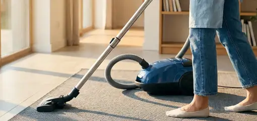 Person vacuuming a living room rug with a canister vacuum cleaner near large windows, San Antonio, TX.